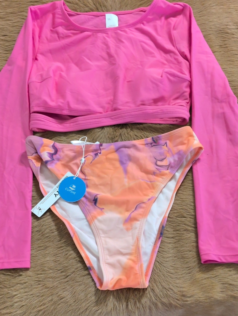Cupshe Women's Pink Long-Sleeve Crop Rash Guard with Orange-Purple Bikini Bottom